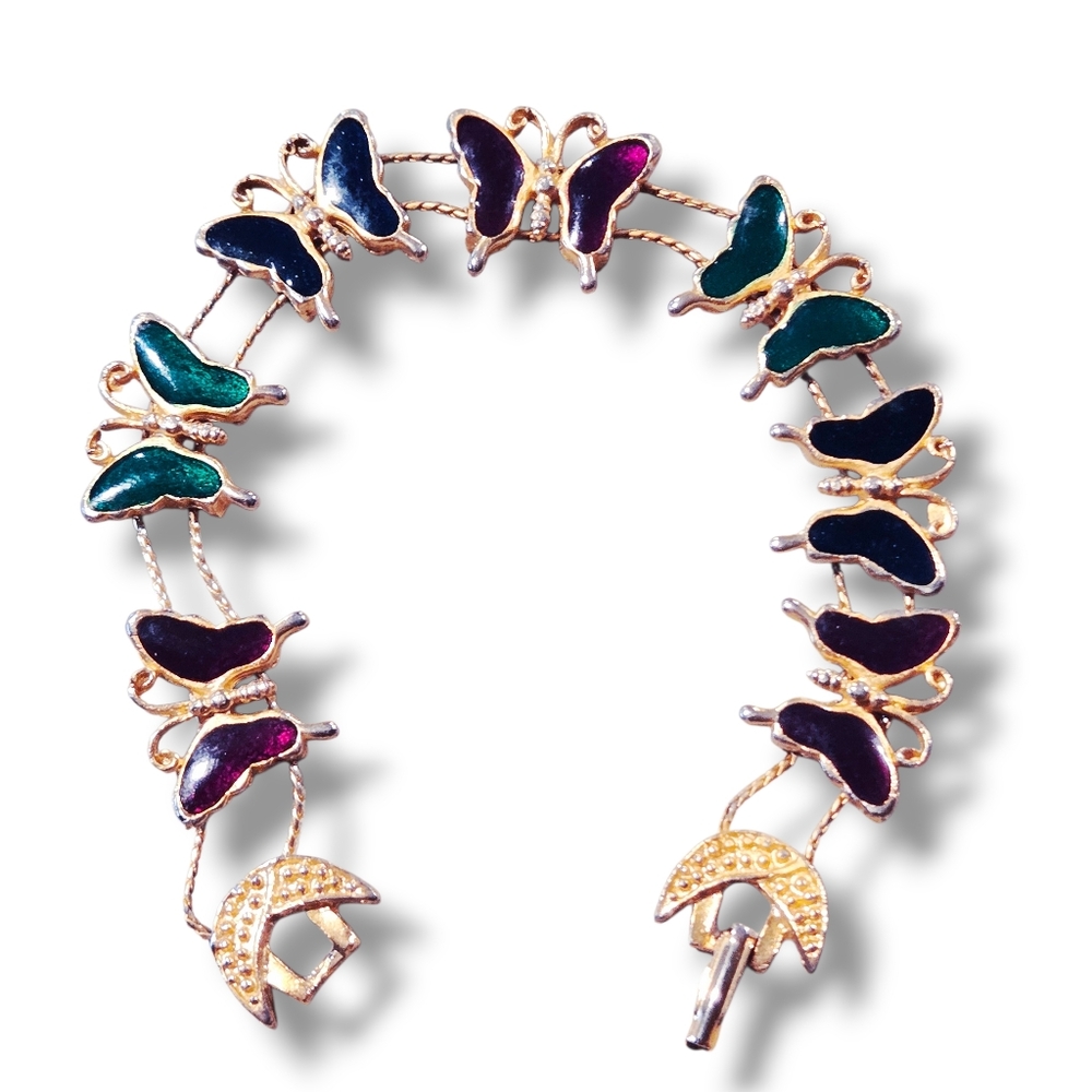 Vintage Enamel Butterfly Bracelet Gold Sliding Crecent Moon Foldover Clasp